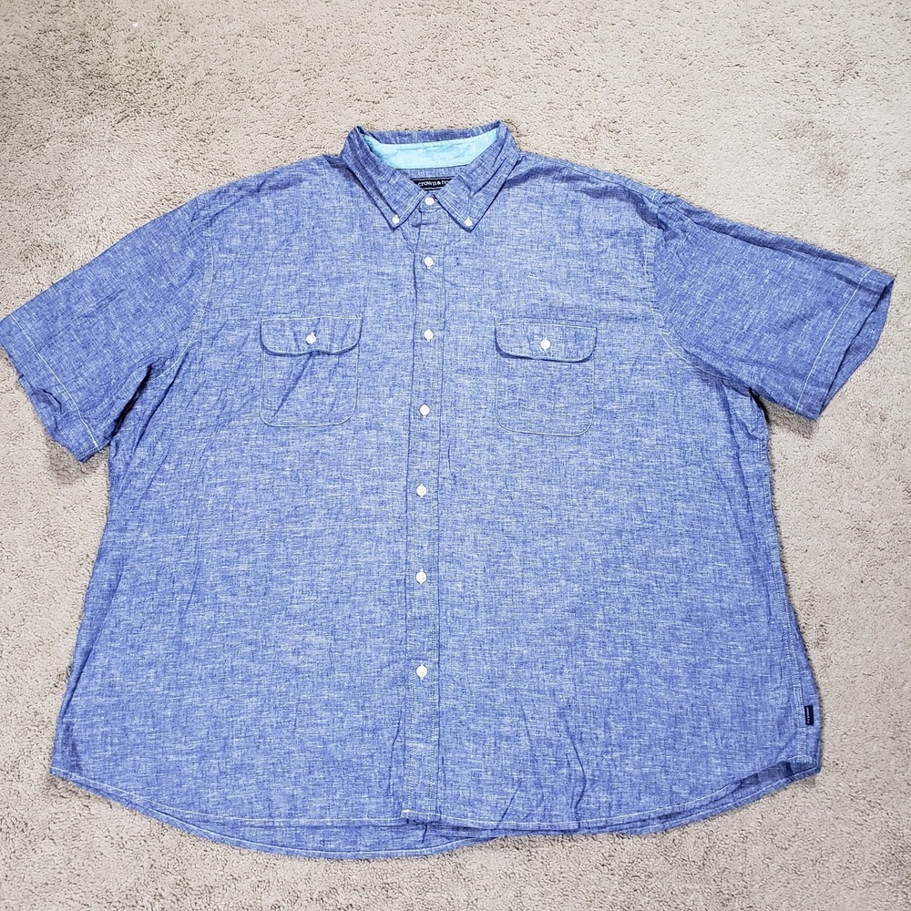 Crown & Ivy Mens Linen Chambray Shirt 3XLT Blue Short Sleeve Nautical Beach Boat